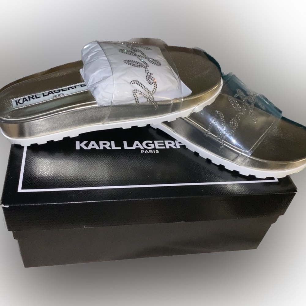 KARL LAGERFELD PARIS NIB
Blossom Rhinestone 
Transparent Slides CHAMPAGNE COLOR